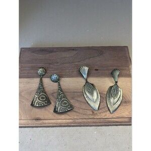 2 Vtg Art Deco Bronze Fan Feather Dangle Earrings Long Statement Boho 80s